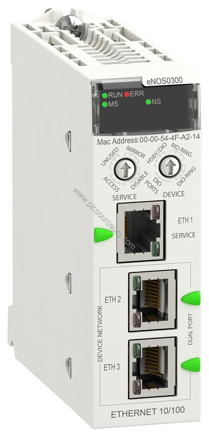 Figure 1: Front view of the Schneider BMENOS0300C industrial switch module showing the LED indicators and three Ethernet/IP p
