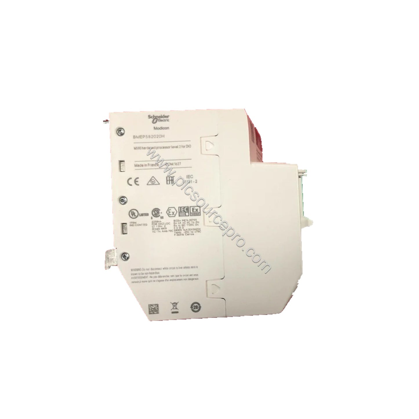 Figure 1: Front view of the Schneider BMEP582020H industrial automation module showing its compact metal enclosure and multip