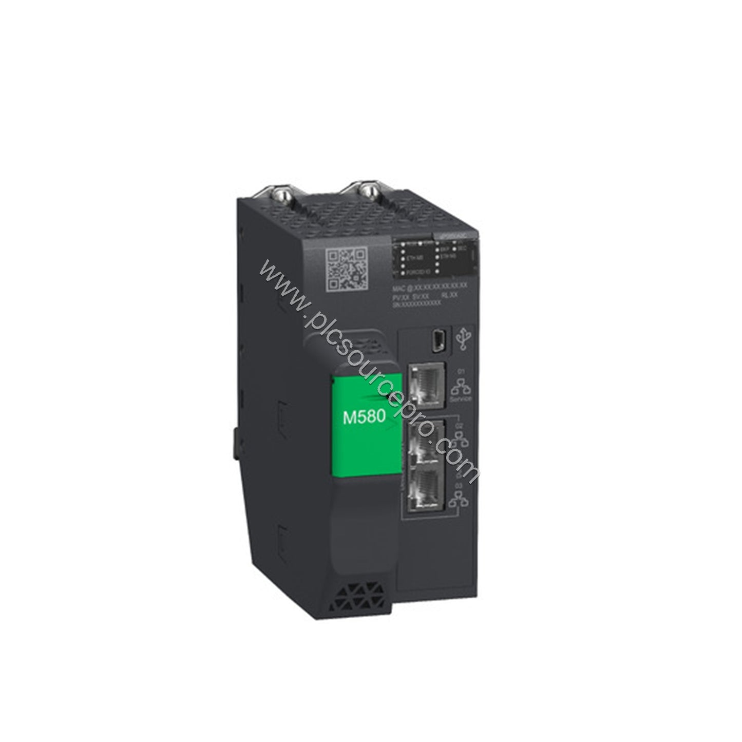 Figure 2: Rear view of the Schneider BMEP585040C processor module illustrating the Ethernet ports and USB mini B connection f