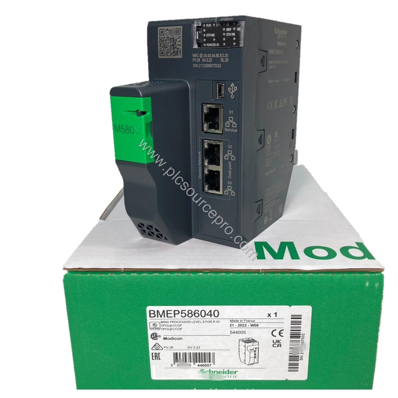 Figure 1: Front view of the Schneider BMEP586040 Modicon M580 processor module showing status LEDs and compact industrial enc