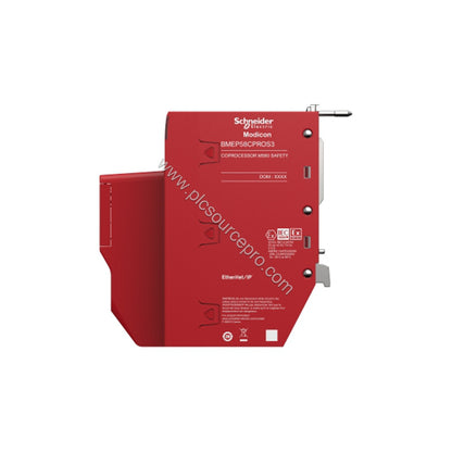 Figure 2: Detail view of the Schneider BMEP58CPROS3 safety coprocessor highlighting the CE marking, product label, and rack i