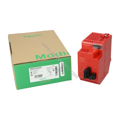 Figure 1: Front view of the Schneider BMXCPS4002S Industrial Automation Module showing the green status LEDs for voltage pres