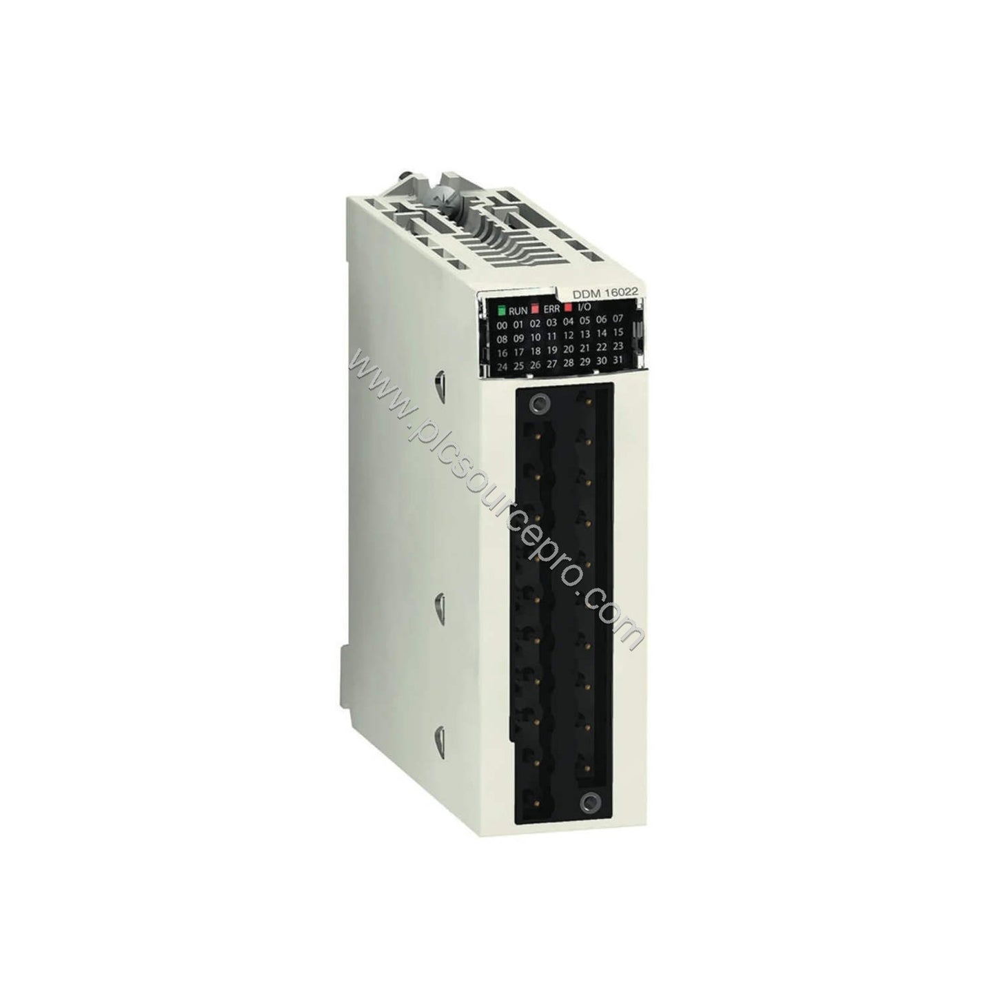 Figure 1: Front view of the Schneider BMXDDM16022 discrete mixed I/O module showing its compact DIN rail-mountable housing wi