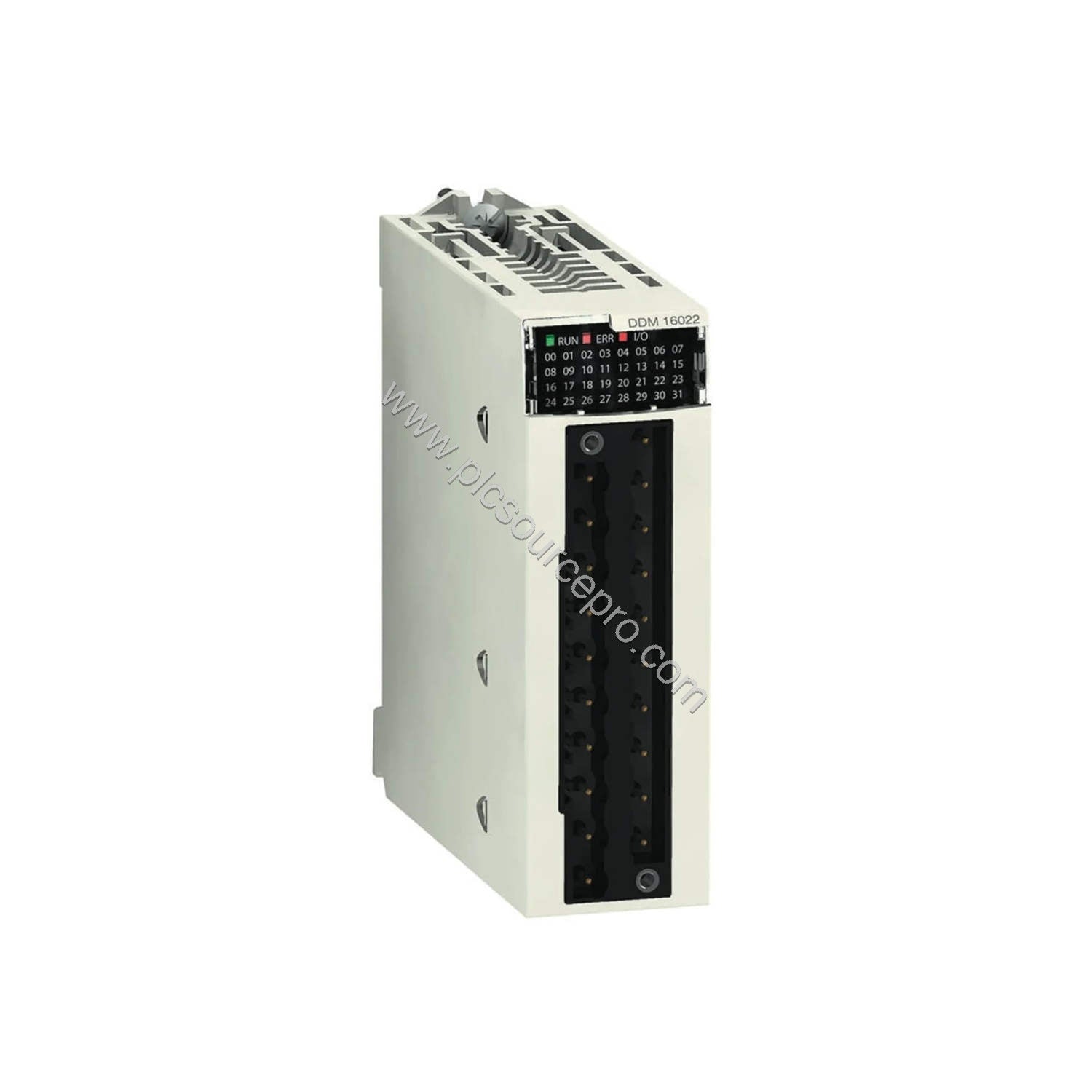 Figure 1: Front view of the Schneider BMXDDM16022 discrete mixed I/O module showing its compact DIN rail-mountable housing wi