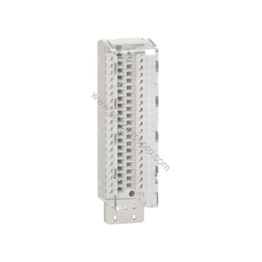 Figure 1: Front view of the Schneider BMXFTB2010 20-pin removable screw clamp terminal block showing the compact design and t