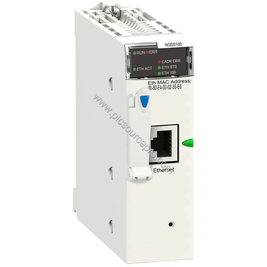 Figure 1: Front view of the Schneider BMXNGD0100 Ethernet network module showing its compact form factor and six LED indicato