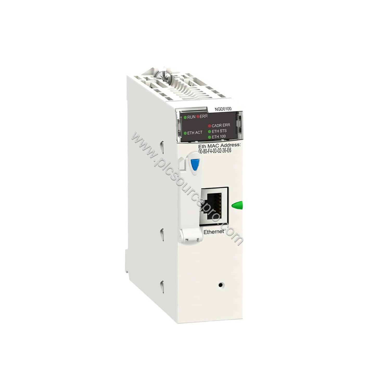 Figure 2: The Schneider BMXNGD0100 network module features an RJ45 Ethernet port and a reset button for cold restarts, ideal 