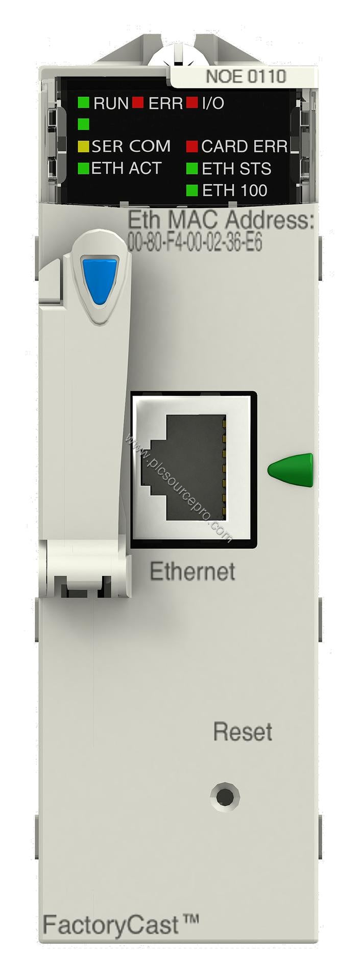 Figure 1: The Schneider BMXNOE0110H Industrial Automation Module displays a compact black enclosure with RJ45 port and status
