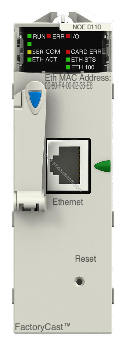 Figure 1: The Schneider BMXNOE0110H Industrial Automation Module displays a compact black enclosure with RJ45 port and status