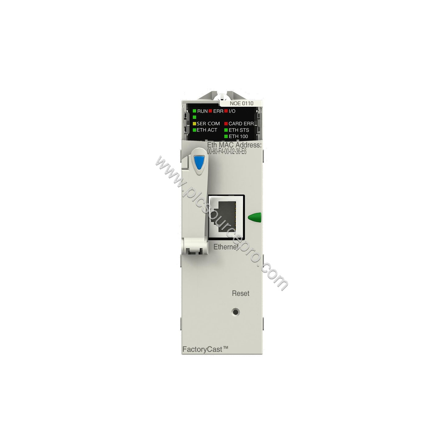 Figure 2: A close-up of the Schneider BMXNOE0110H shows the Ethernet TCP/IP network module's front panel featuring six LEDs a
