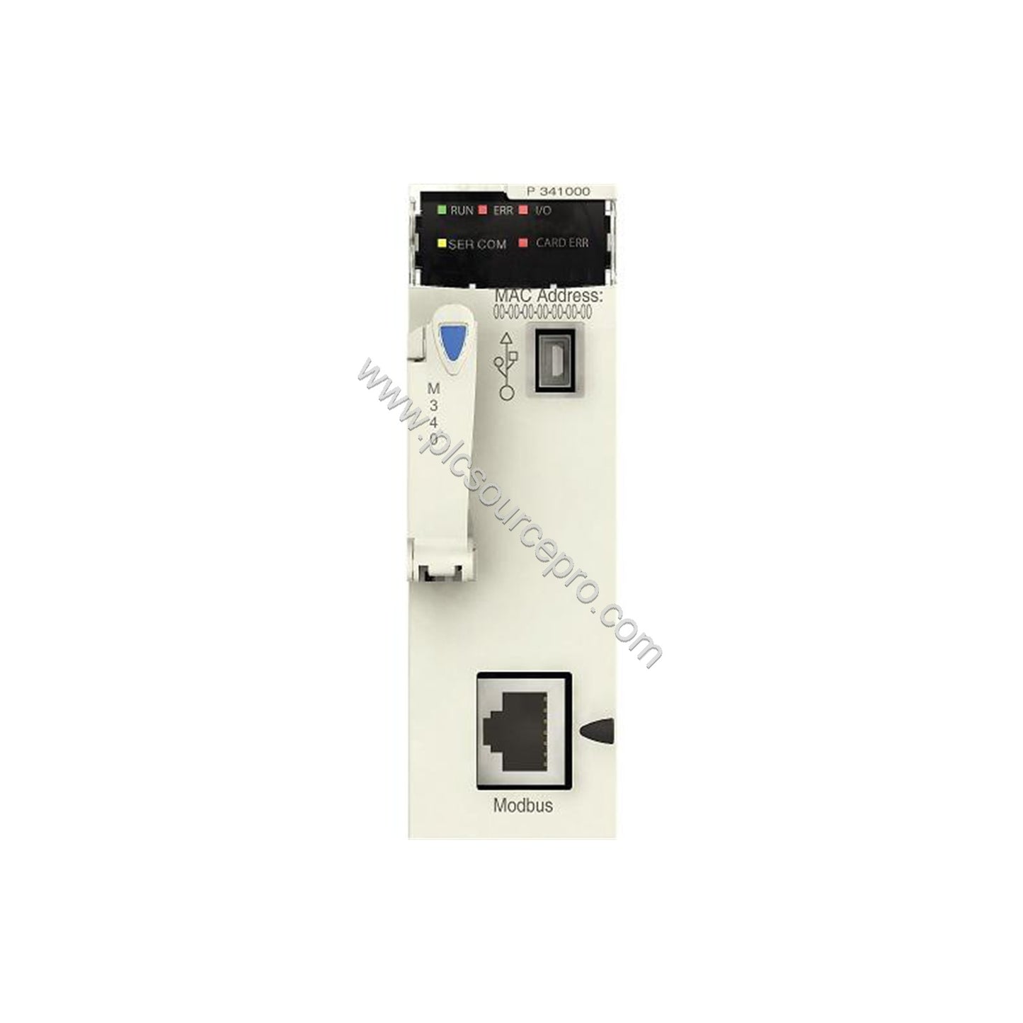 Figure 1: Front view of the Schneider BMXP341000H Industrial Automation Module showing its compact industrial enclosure, stat