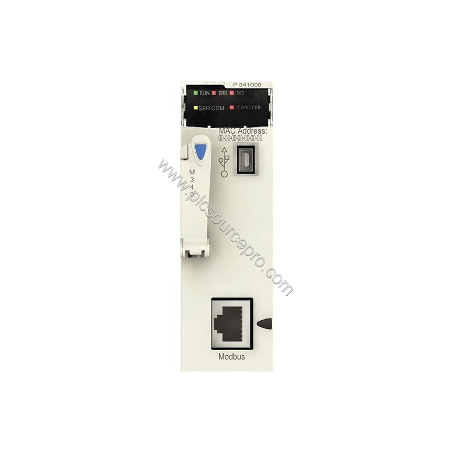 Figure 1: Front view of the Schneider BMXP341000H Industrial Automation Module showing its compact industrial enclosure, stat