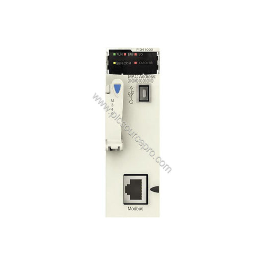 Figure 1: Front view of the Schneider BMXP341000H Industrial Automation Module showing its compact industrial enclosure, stat