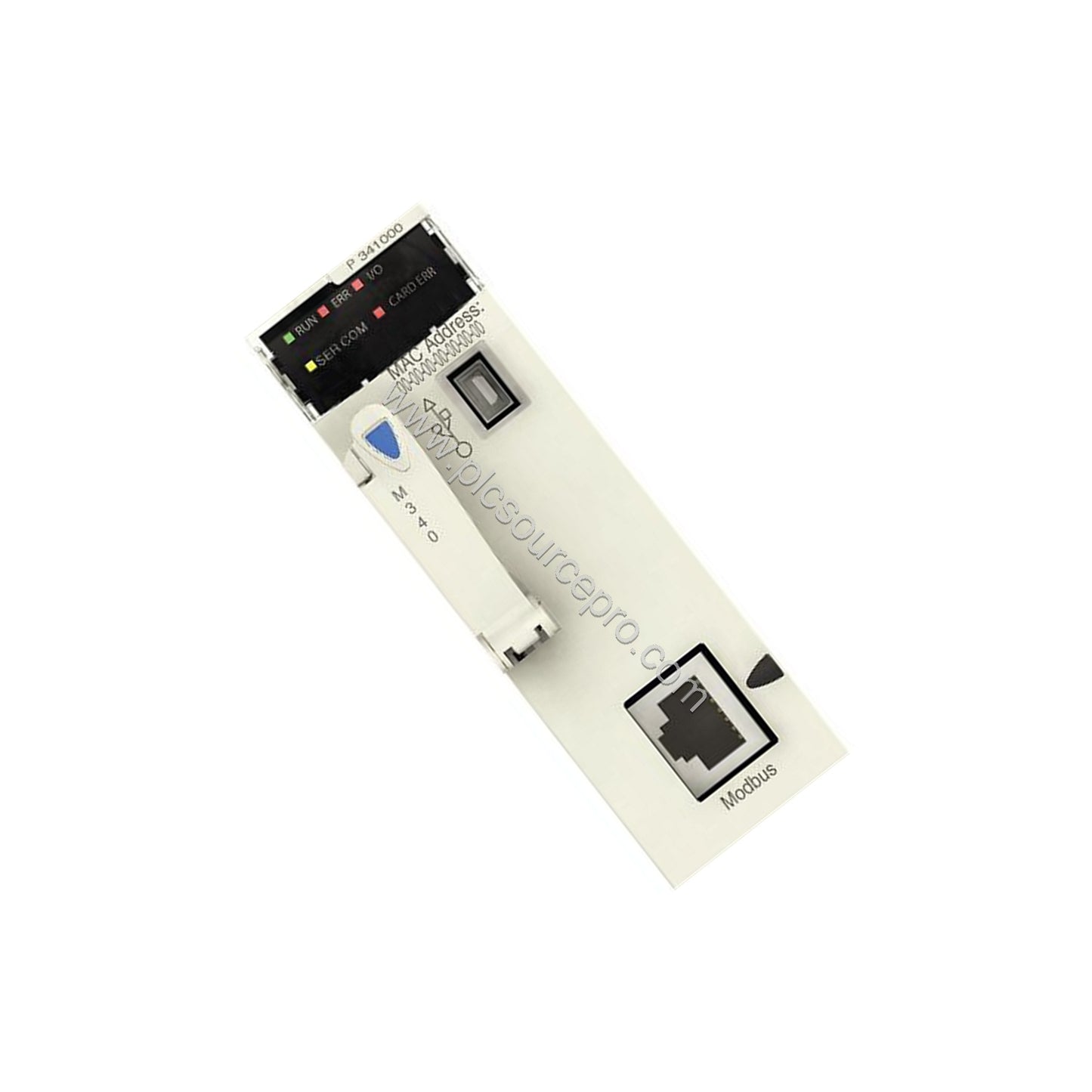 Figure 2: Side view of the Schneider BMXP341000H processor module highlighting the integrated USB port and memory card slot f