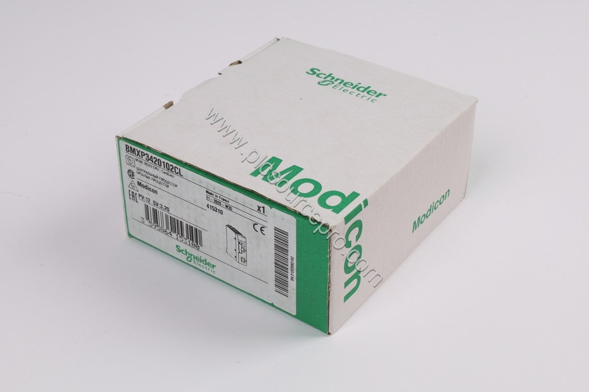 Figure 1: Front view of the Schneider BMXP3420102CL Modicon M340 processor module showing its compact metal enclosure with st