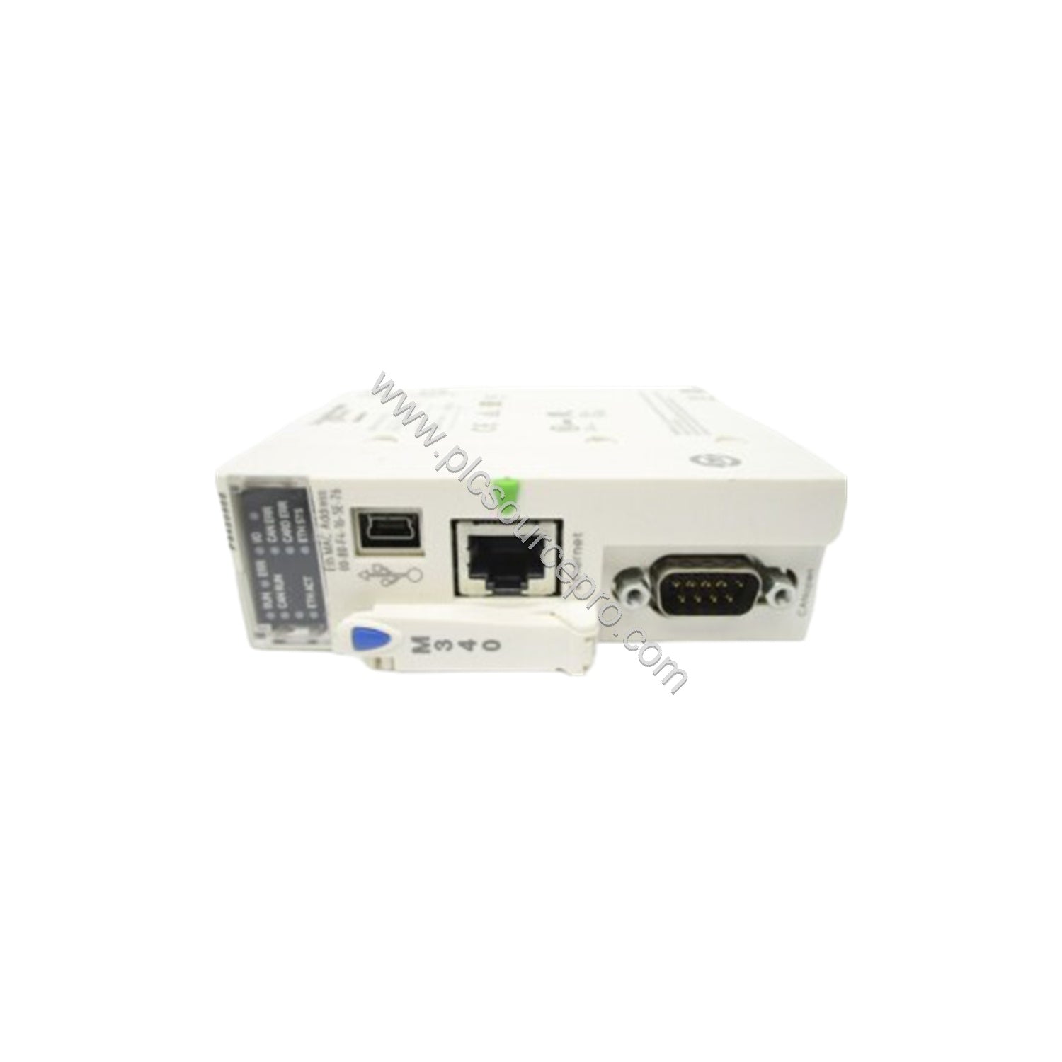 Figure 2: Detail of the Schneider BMXP3420302CL showing the CANopen SUB-D 9 connector and Ethernet RJ45 port for network inte