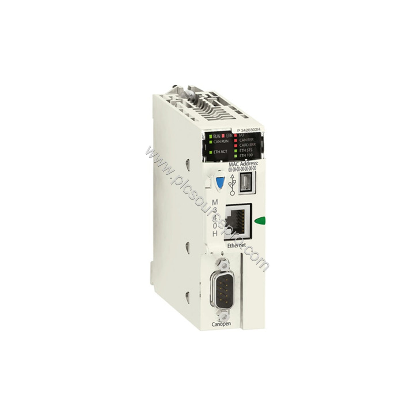 Figure 2: The Schneider BMXP3420302H processor module features multiple communication ports including CANopen SUB-D 9 and Eth