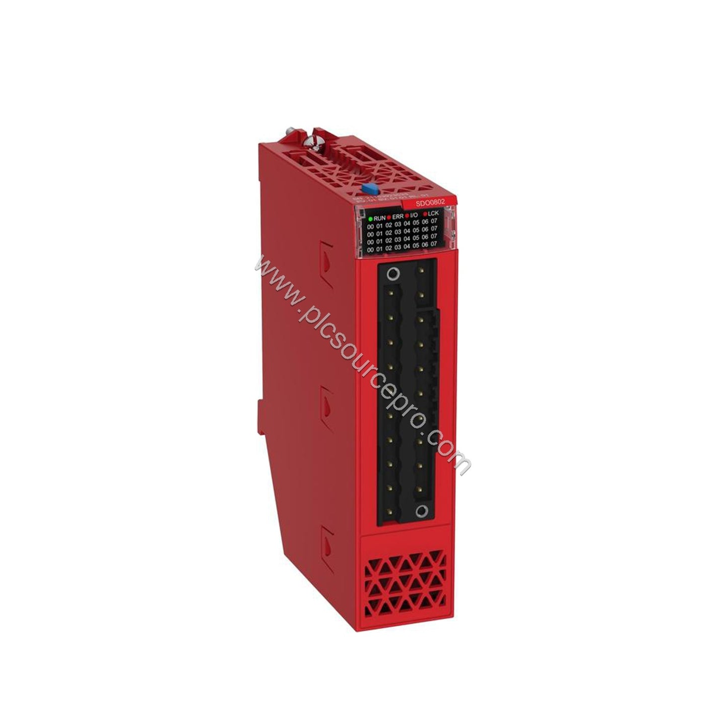 Figure 1: Front view of the Schneider BMXSDO0802 Industrial Automation Module showing its compact black enclosure with green 