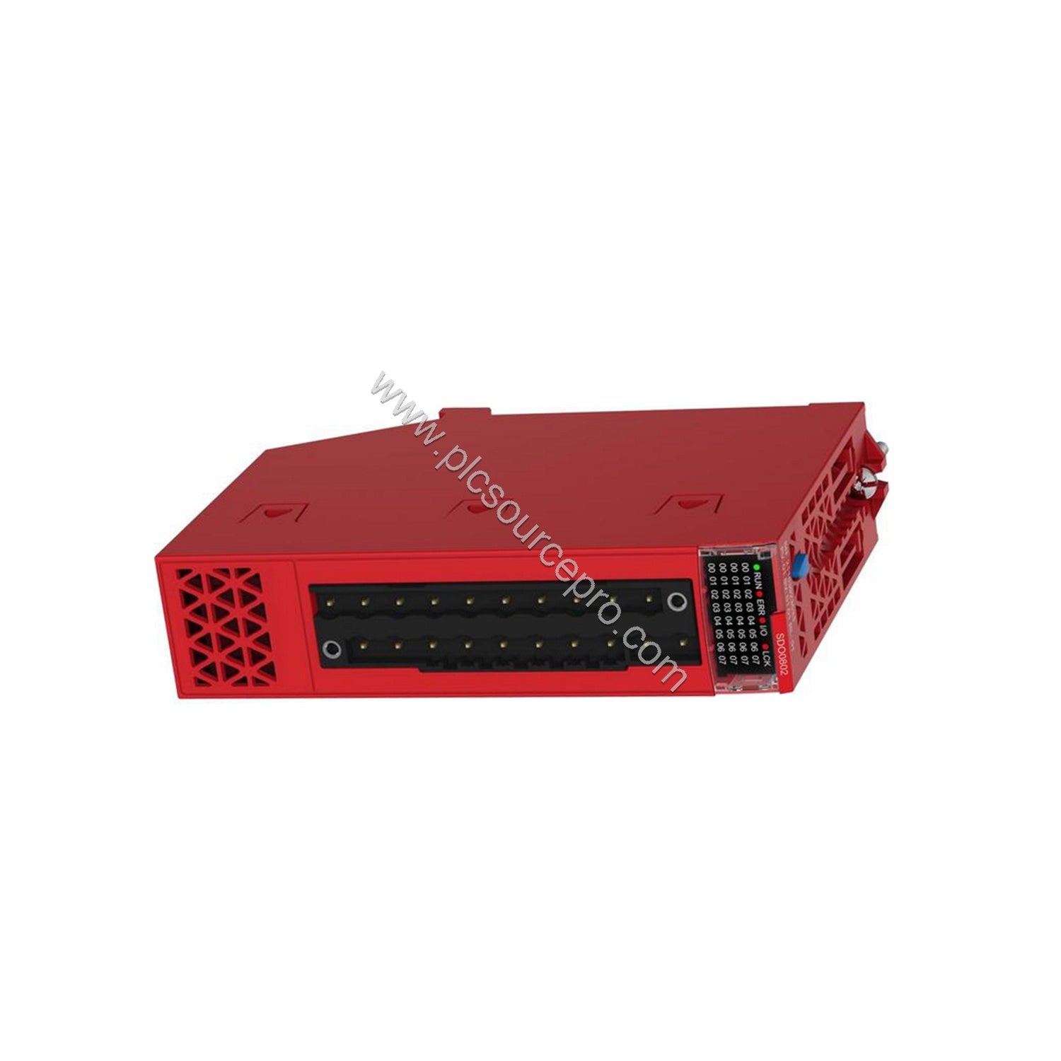 Figure 2: Illustration of the Schneider BMXSDO0802 showing output terminal assignments and protection features for the Modico