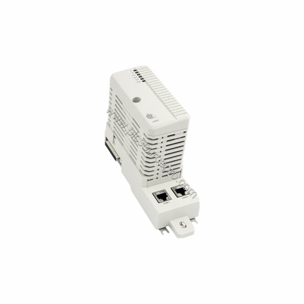 Figure 1: Front view of the ABB CI855 Industrial Automation Module showing a compact metal housing with two RJ45 Ethernet por