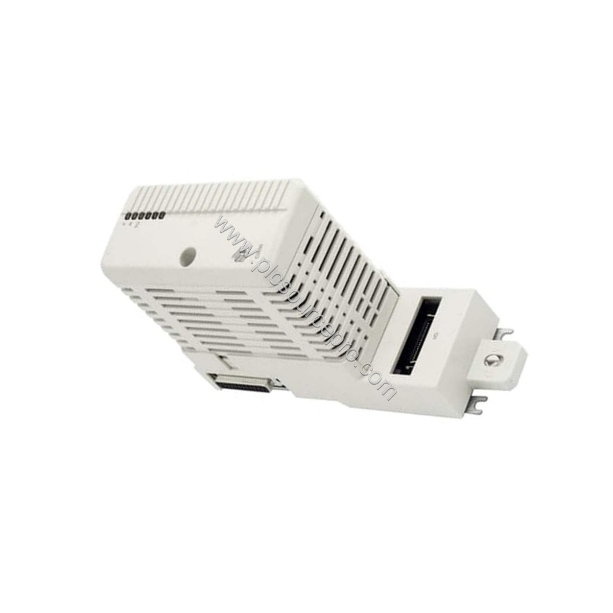 Figure 2: Close-up of the ABB CI856 module's 36-pin Miniribbon connector and DIN-rail mounting baseplate for secure installat