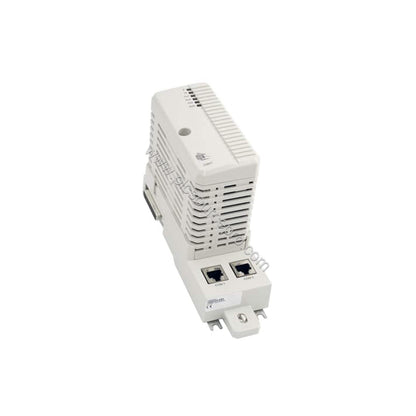 Figure 1: Front view of the ABB CI857 Industrial Automation Module showing its compact industrial enclosure and RJ-45 connect