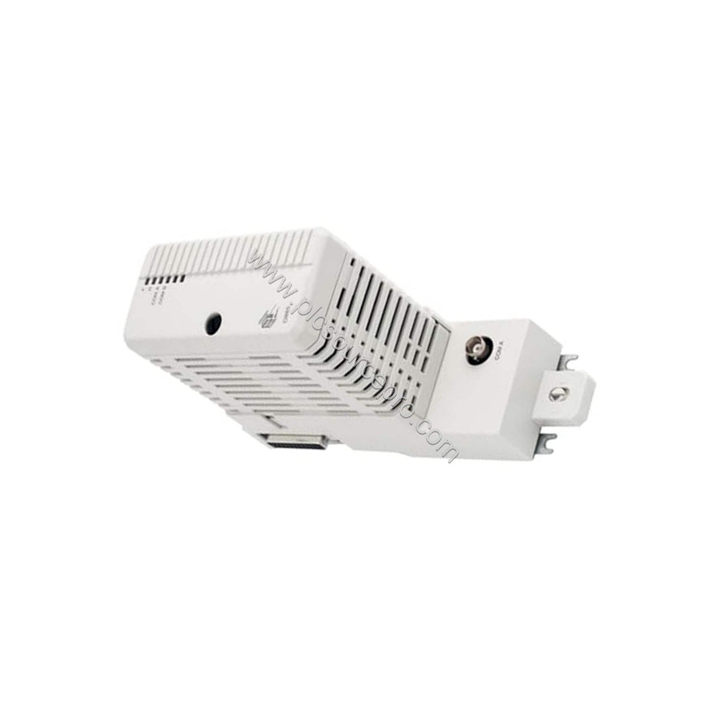 Figure 2: Rear and connector view of the ABB CI865 highlighting the BNC connector and mounting base for the AC 800M system.