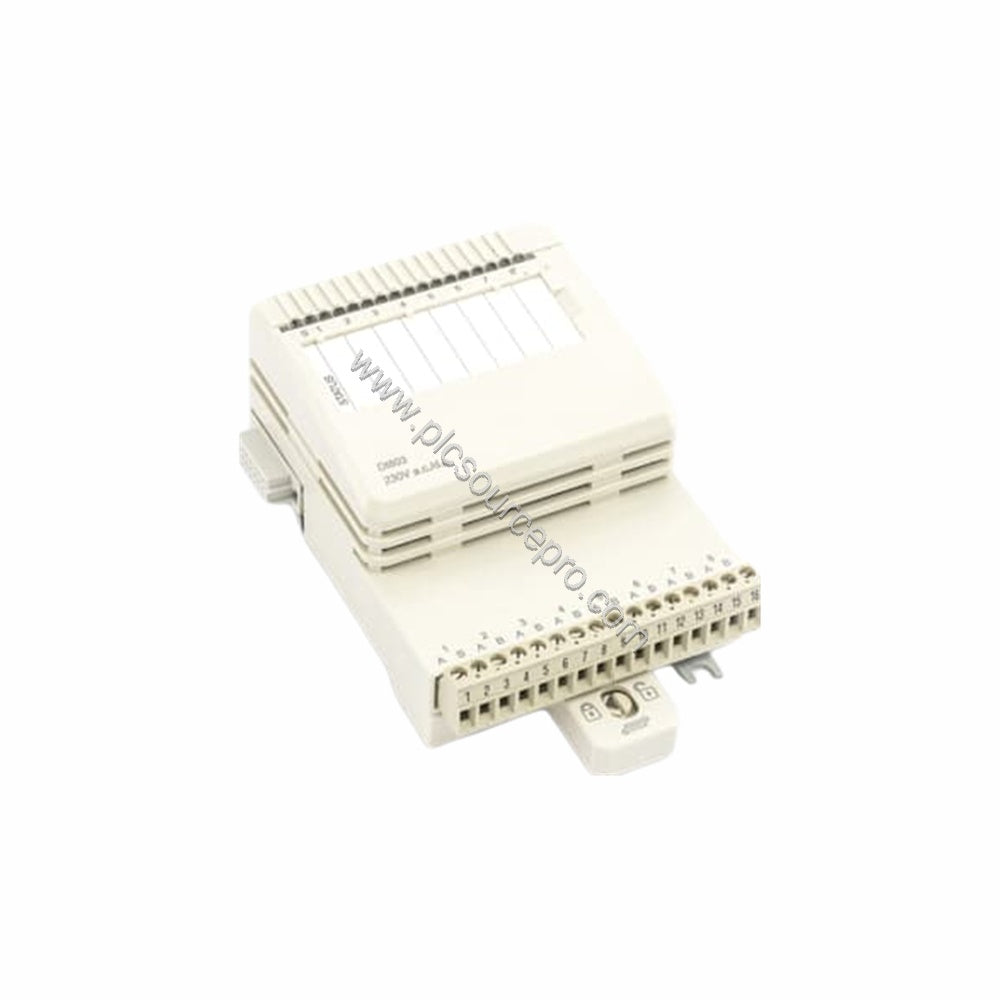 Figure 1: Front view of the ABB DI803 module showing its compact S800L housing, status LEDs, and detachable terminal connecto