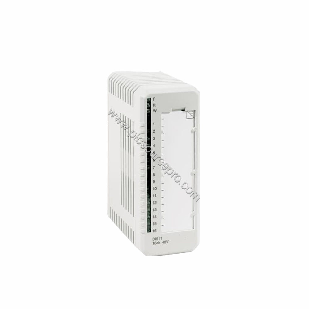Figure 1: Front view of the ABB DI811 Digital Input Module showing its compact industrial enclosure with status LEDs and DIN 