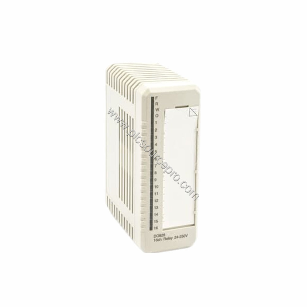 Figure 1: Front view of the ABB DO828 industrial automation module showing its compact S800 form factor and status indicator 
