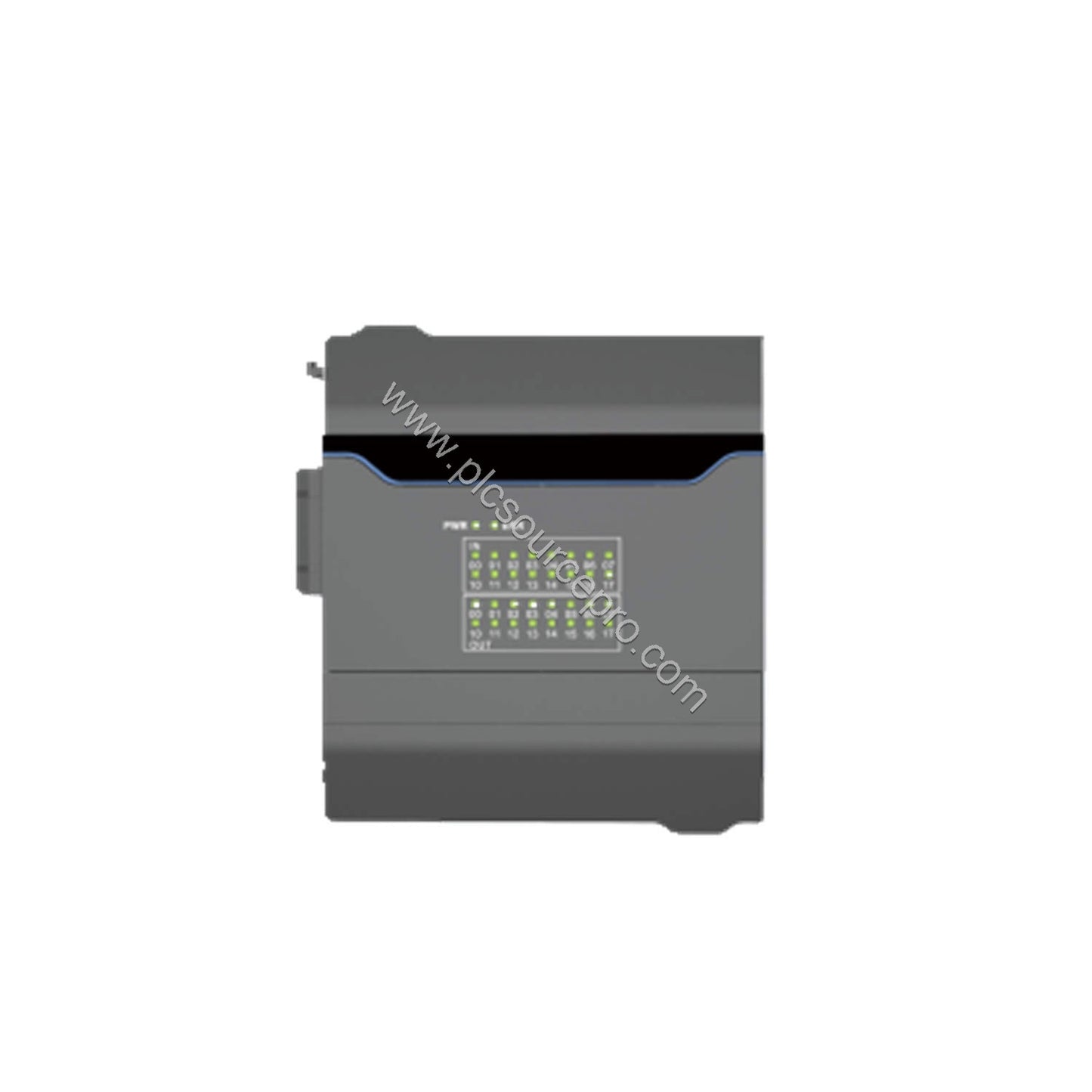 Figure 2: Close-up of the Flexem F5-MD1616N module highlighting the status LEDs and input/output channel labeling for straigh