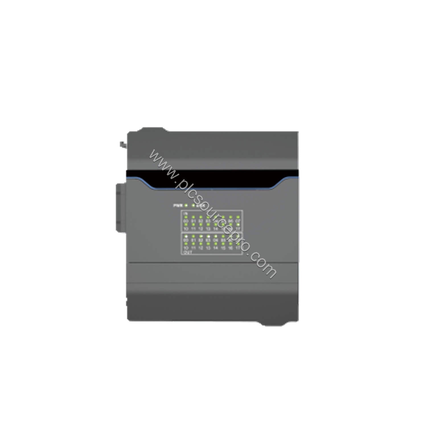 Figure 2: Close-up of the Flexem F5-MD1616N module highlighting the status LEDs and input/output channel labeling for straigh