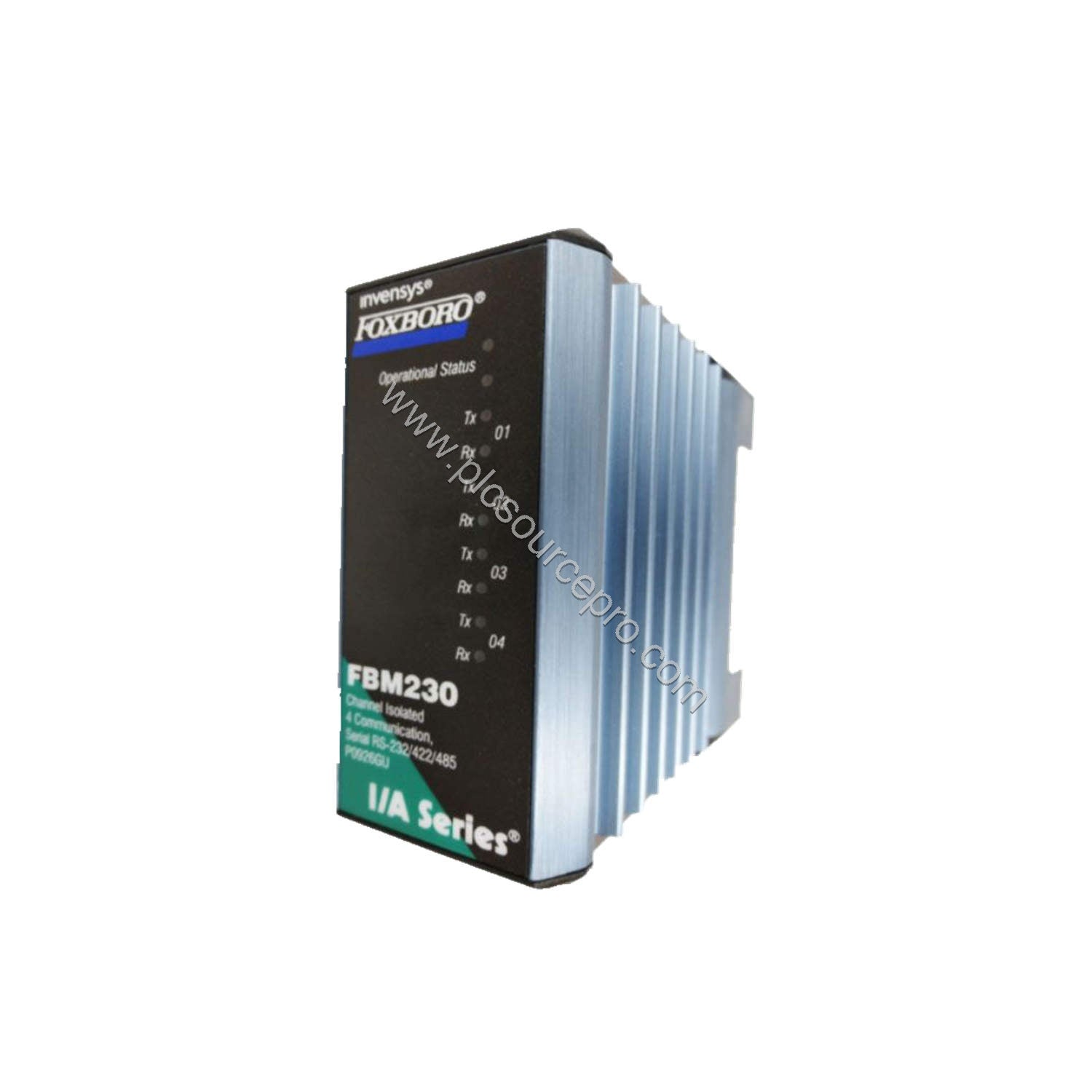 Figure 1: Front view of the Schneider FBM230 industrial automation module showing its four serial communication ports and sta