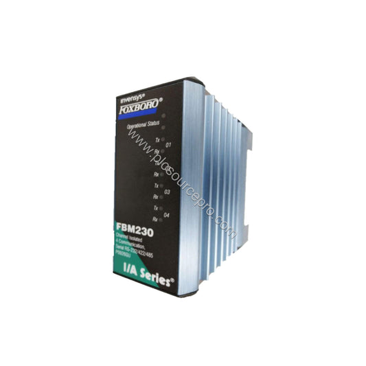 Figure 1: Front view of the Schneider FBM230 industrial automation module showing its four serial communication ports and sta