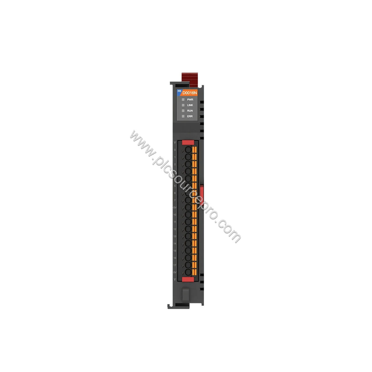 Figure 1: Front view of the Flexem FR-D0016N Industrial Automation Module showing its compact DIN-rail enclosure and 16 LED s