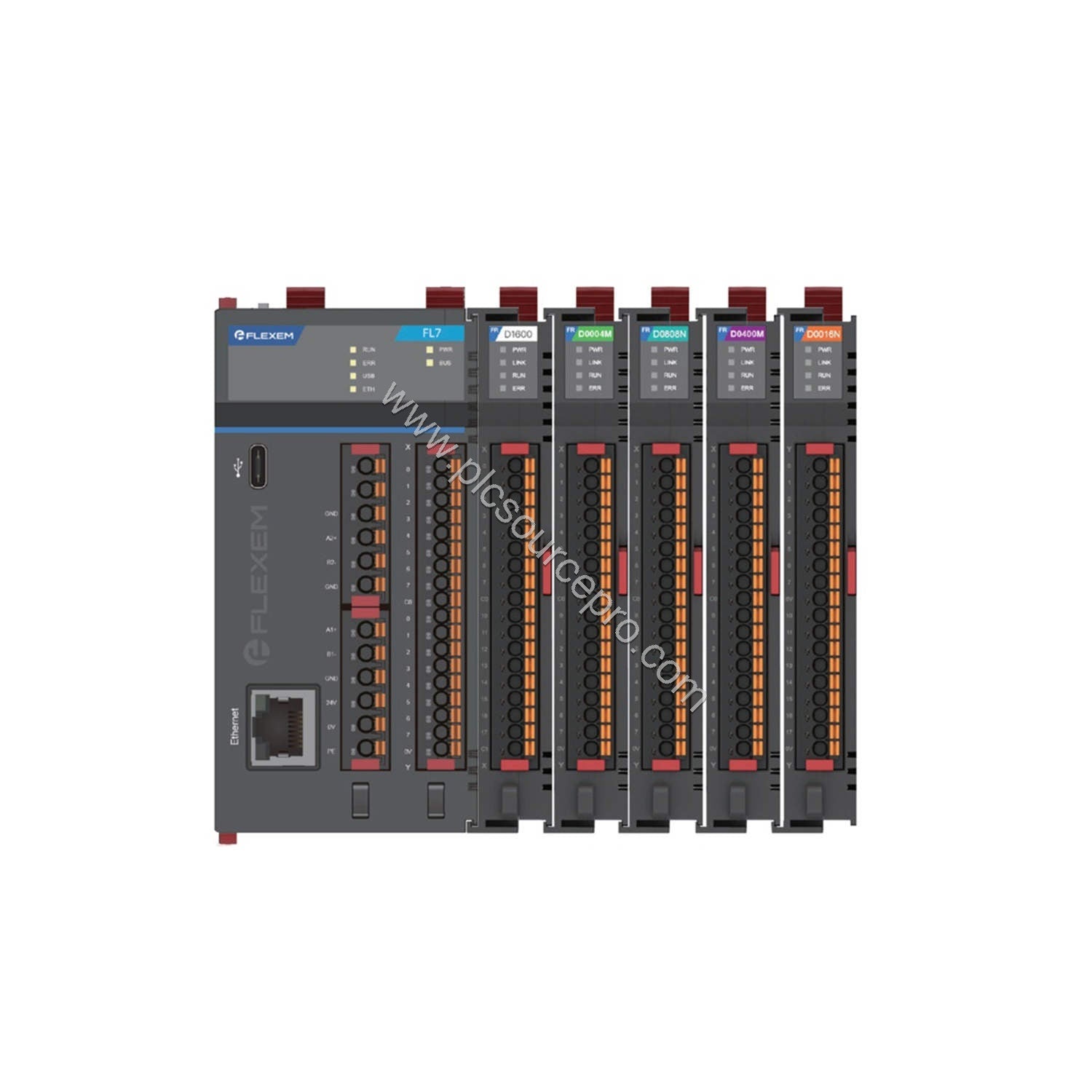 Figure 1: Front view of the Flexem FR-T0400P Industrial Automation Module showing its compact 111x18x76 mm enclosure and term