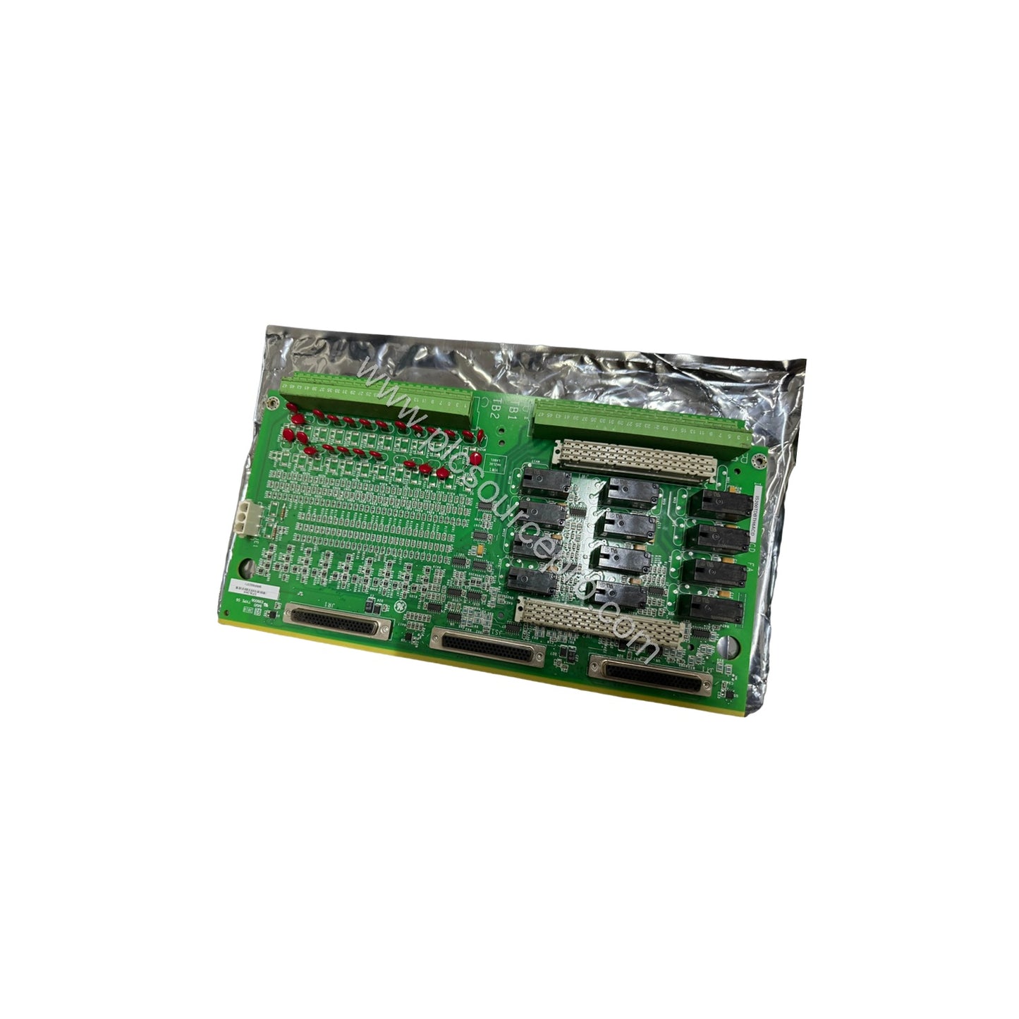 Figure 2: Close-up of the GE IS200TDBTH6A terminal board highlighting the DIN-rail mounting clips and the two rows of 48 term