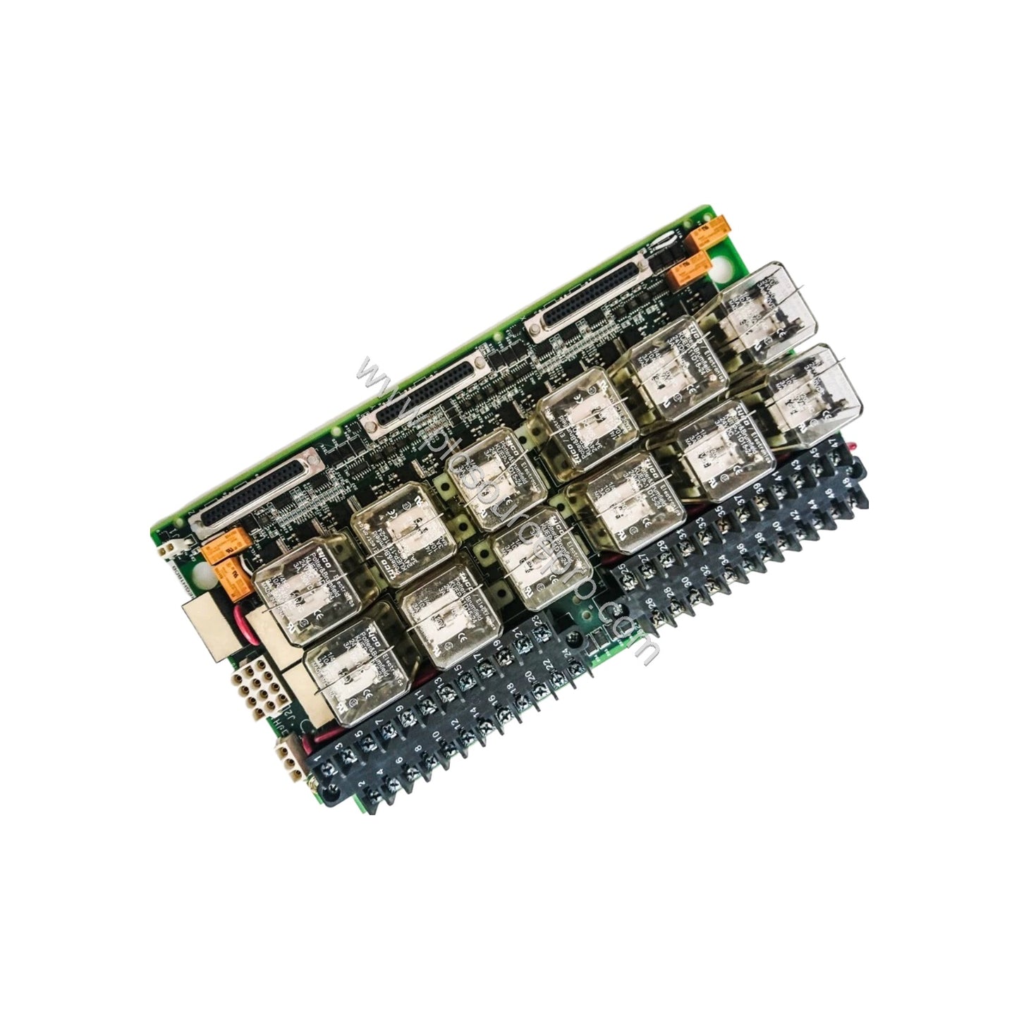 Figure 1: Front view of the GE IS200TREGH1BDB terminal board showing two terminal blocks, relays, and capacitors on a green P