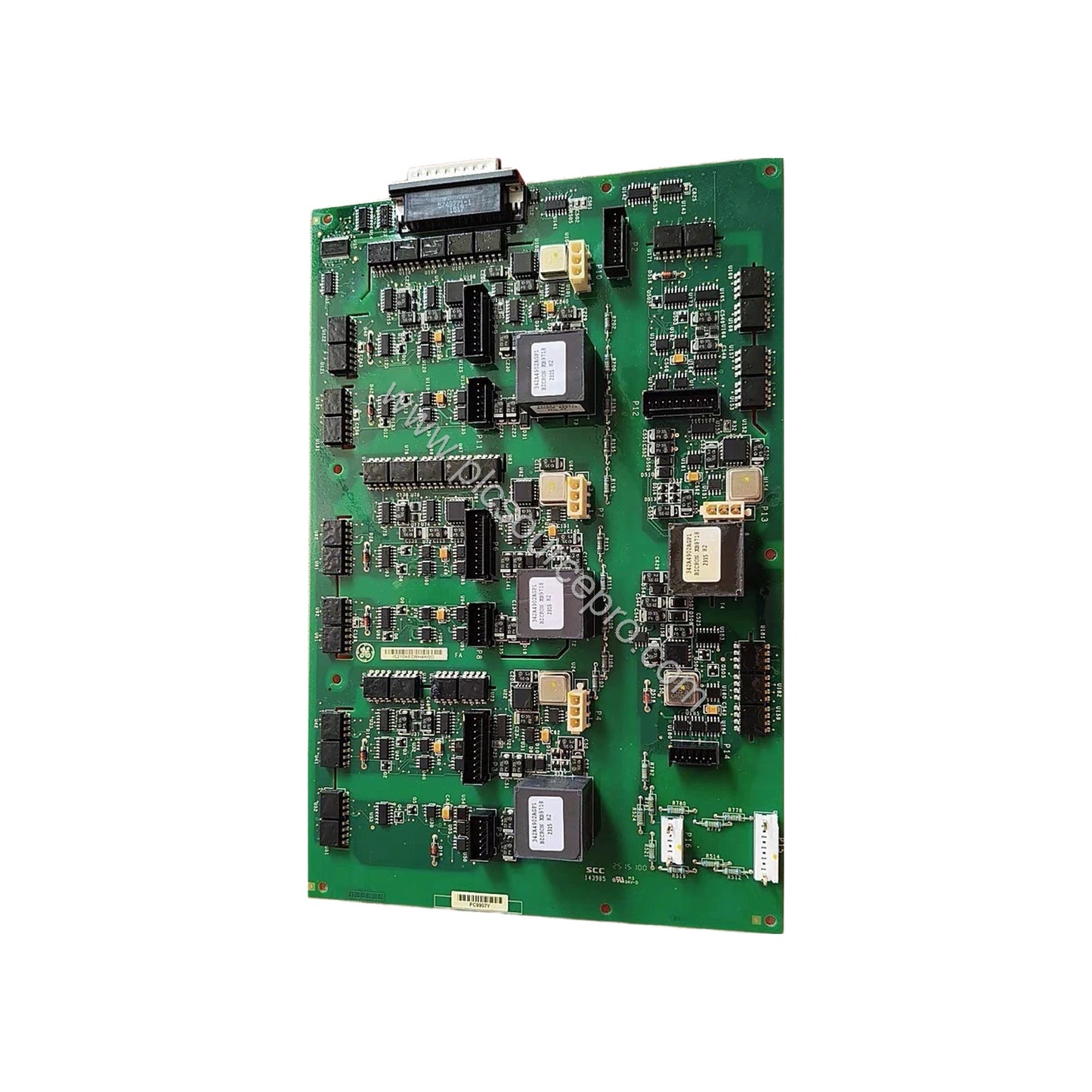 Figure 1: Front view of the GE IS210AEDBH4AGD Bridge Interface Card showing its dual-sided component layout and four three-po