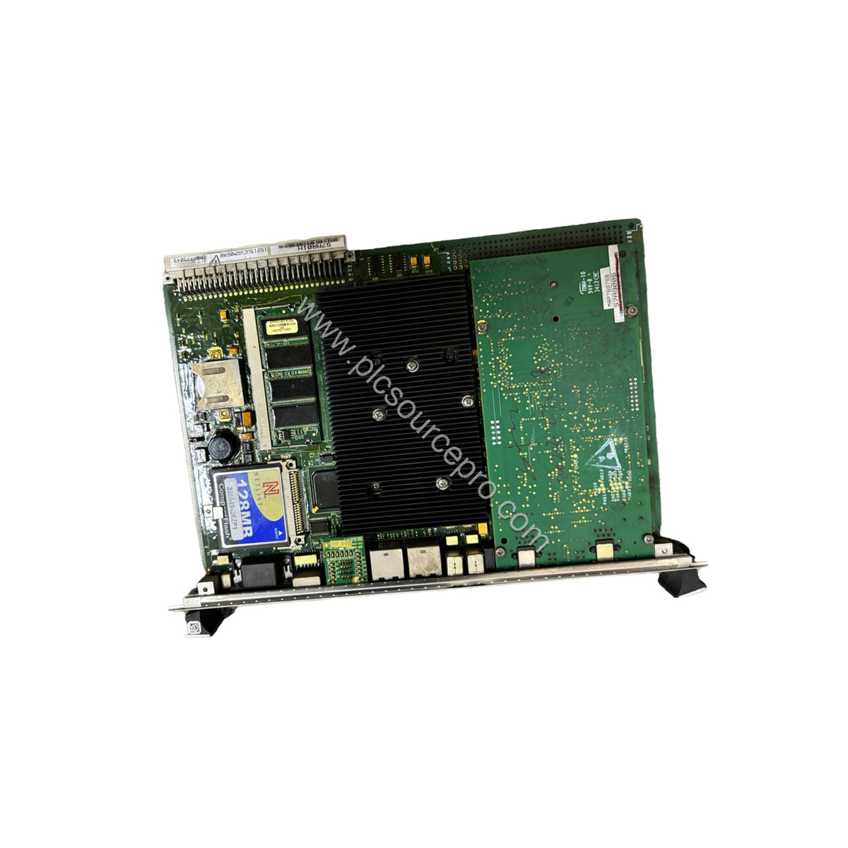 Figure 2: Close-up of the GE IS215UCVGM06A board highlighting its Intel Celeron processor, Ethernet ports, and VME bus connec