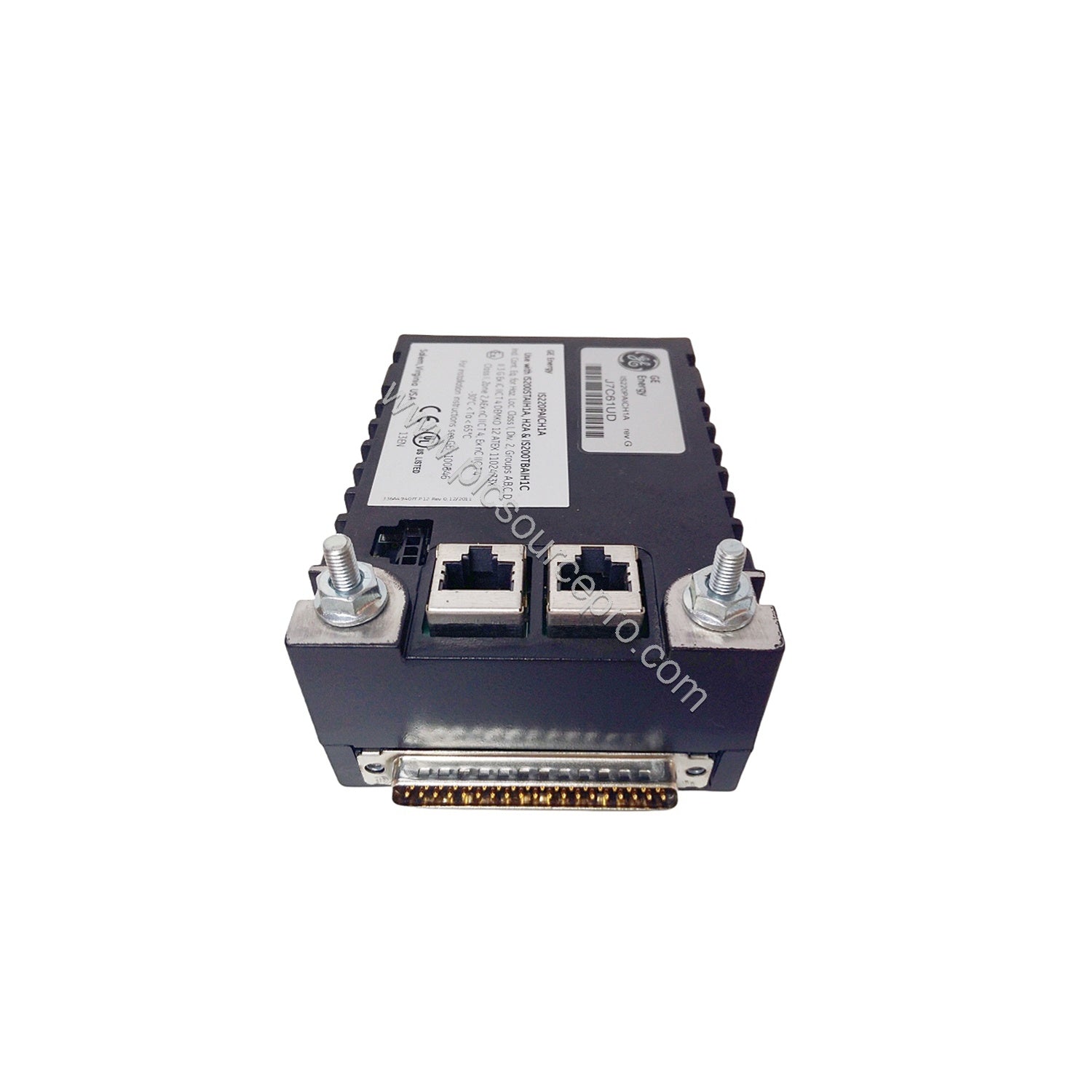 Figure 2: Close-up of the GE IS220PIACH2A showing dual RJ-45 Ethernet ports and DC-37 pin connector for terminal board integr