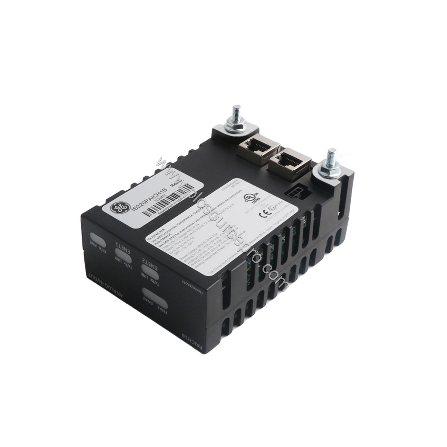Figure 2: Close-up of the GE IS220PAICH1B analog I/O pack highlighting the RJ45 Ethernet connectors and DC-37 output port.