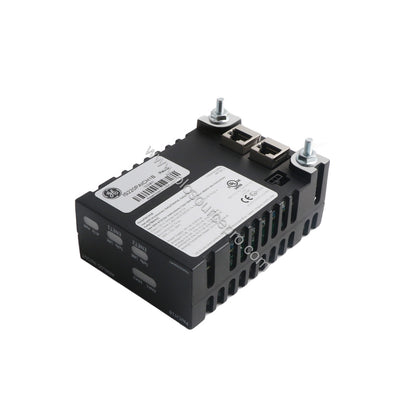 Figure 2: Close-up of the GE IS220PAICH1B analog I/O pack highlighting the RJ45 Ethernet connectors and DC-37 output port.