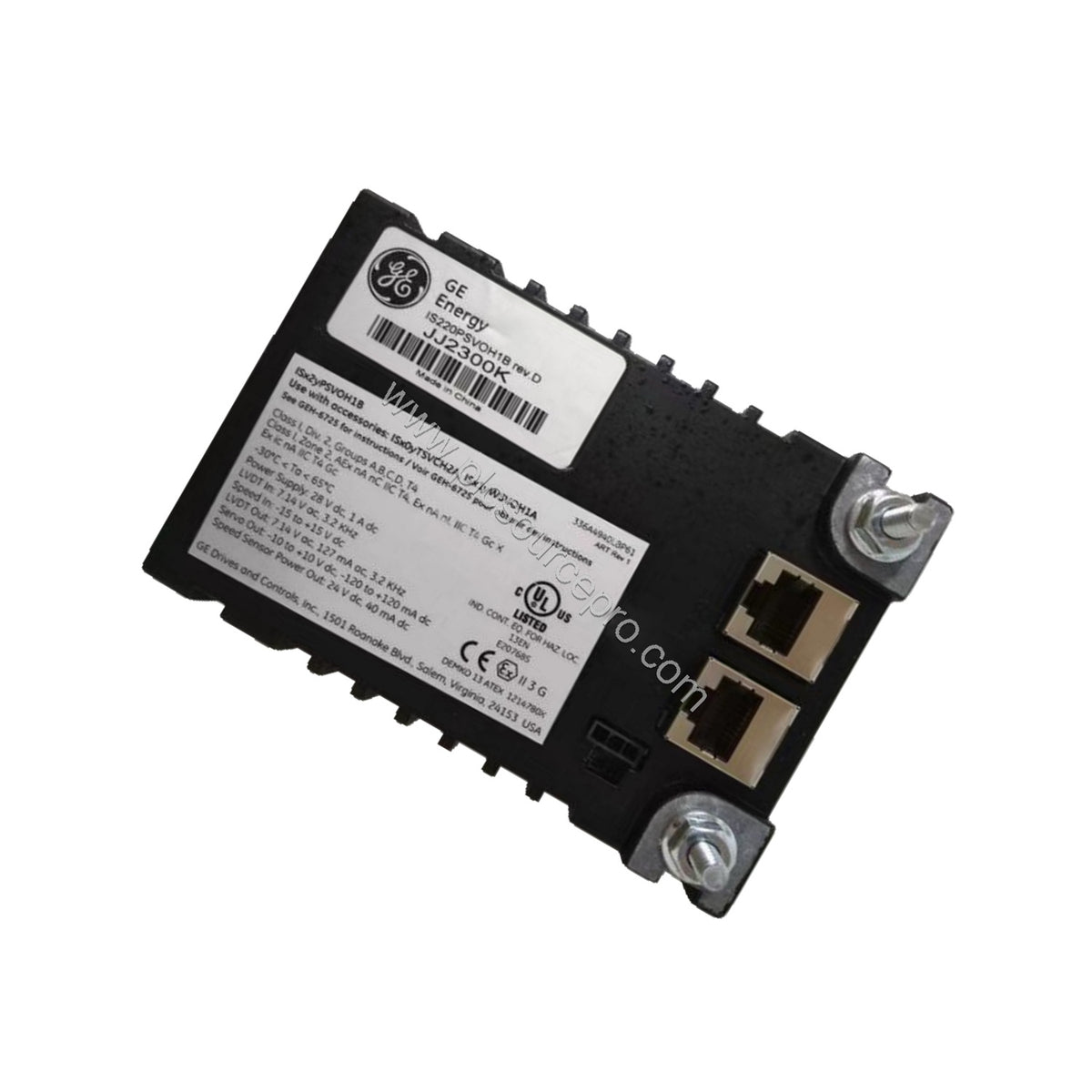 Figure 2: Close-up of the GE IS220PSVOH1B Mark VIe module highlighting the Ethernet network and power connection points.