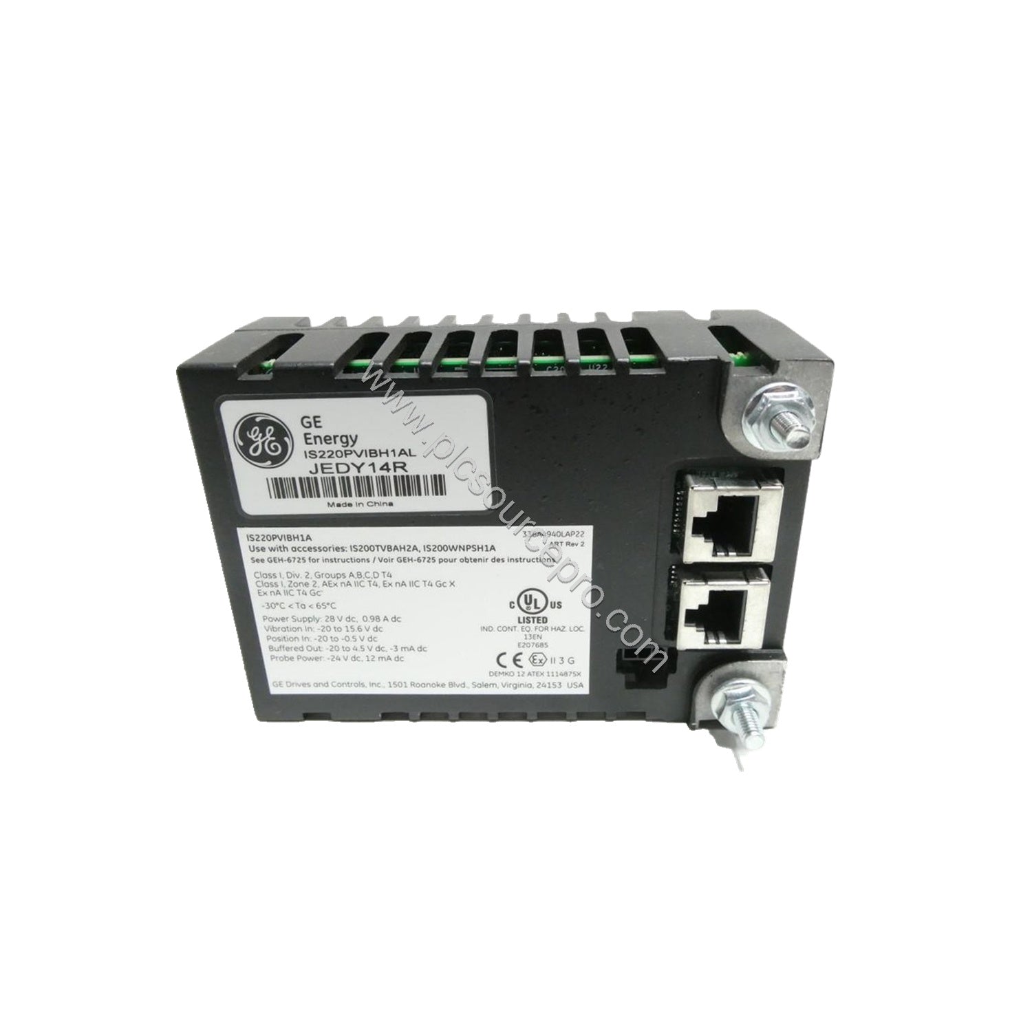 Figure 2: Close-up of the GE IS220PVIBH1AL Industrial Automation Module highlighting the dual RJ45 Ethernet ports and DC-37 c