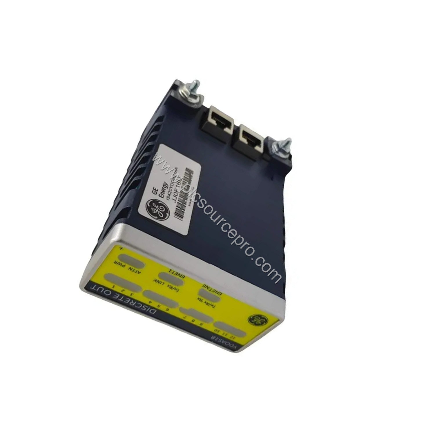 Figure 2: Close-up of the GE IS420YAICS1B Analog I/O Module highlighting its dual RJ-45 Ethernet connectors and DC-37 pin int