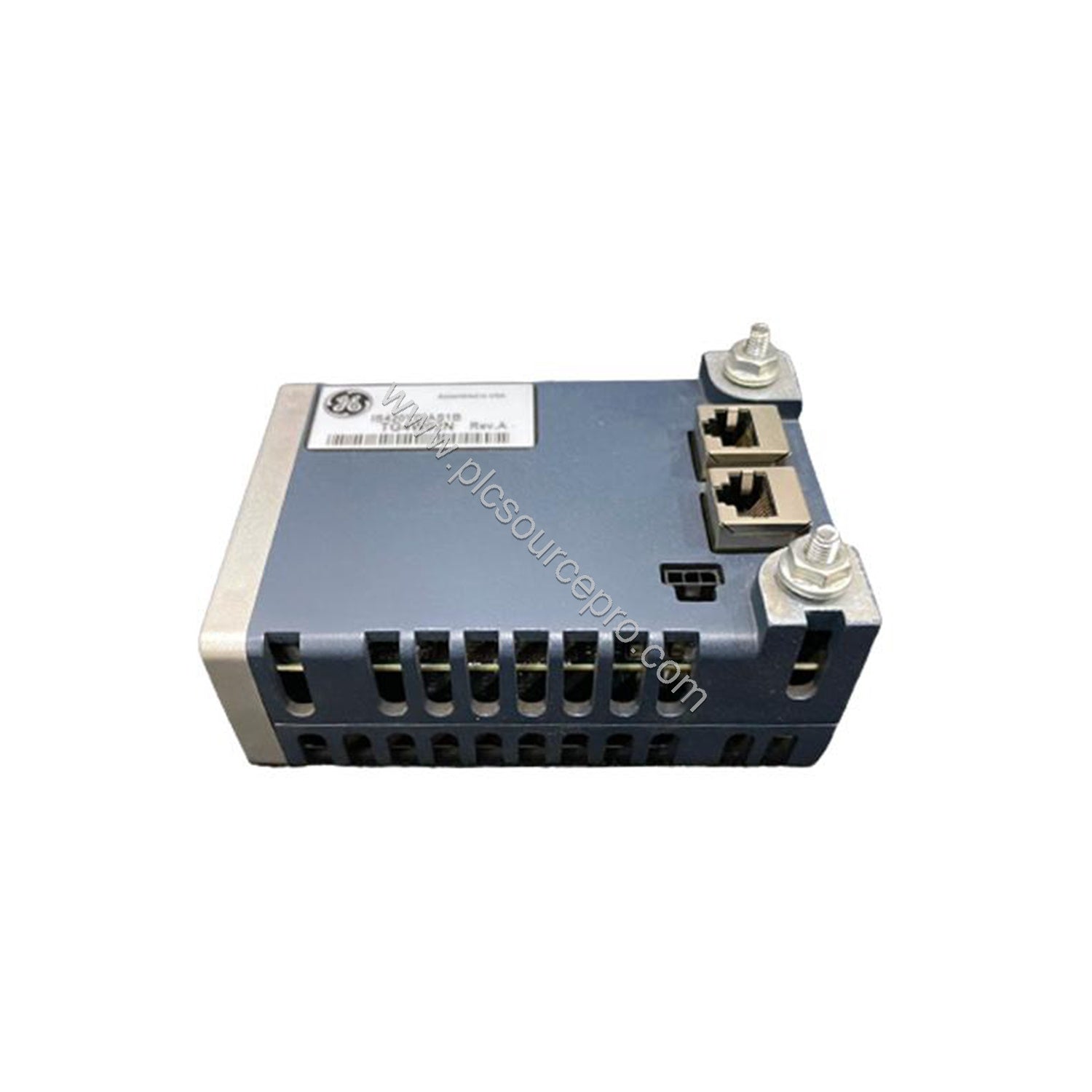 Figure 2: Close-up of the GE IS420YDIAS1B Discrete Contact I/O Module highlighting the dual RJ-45 Ethernet connectors and DC-