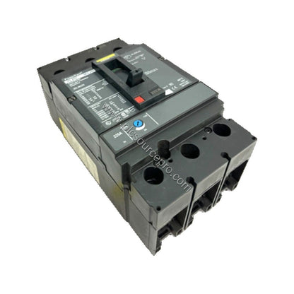 Figure 1: Front view of the Schneider JDL36225 225A 3-pole molded case circuit breaker with toggle actuator and copper lugs f
