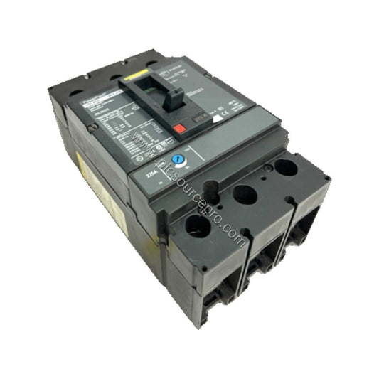 Figure 1: Front view of the Schneider JDL36225 225A 3-pole molded case circuit breaker with toggle actuator and copper lugs f