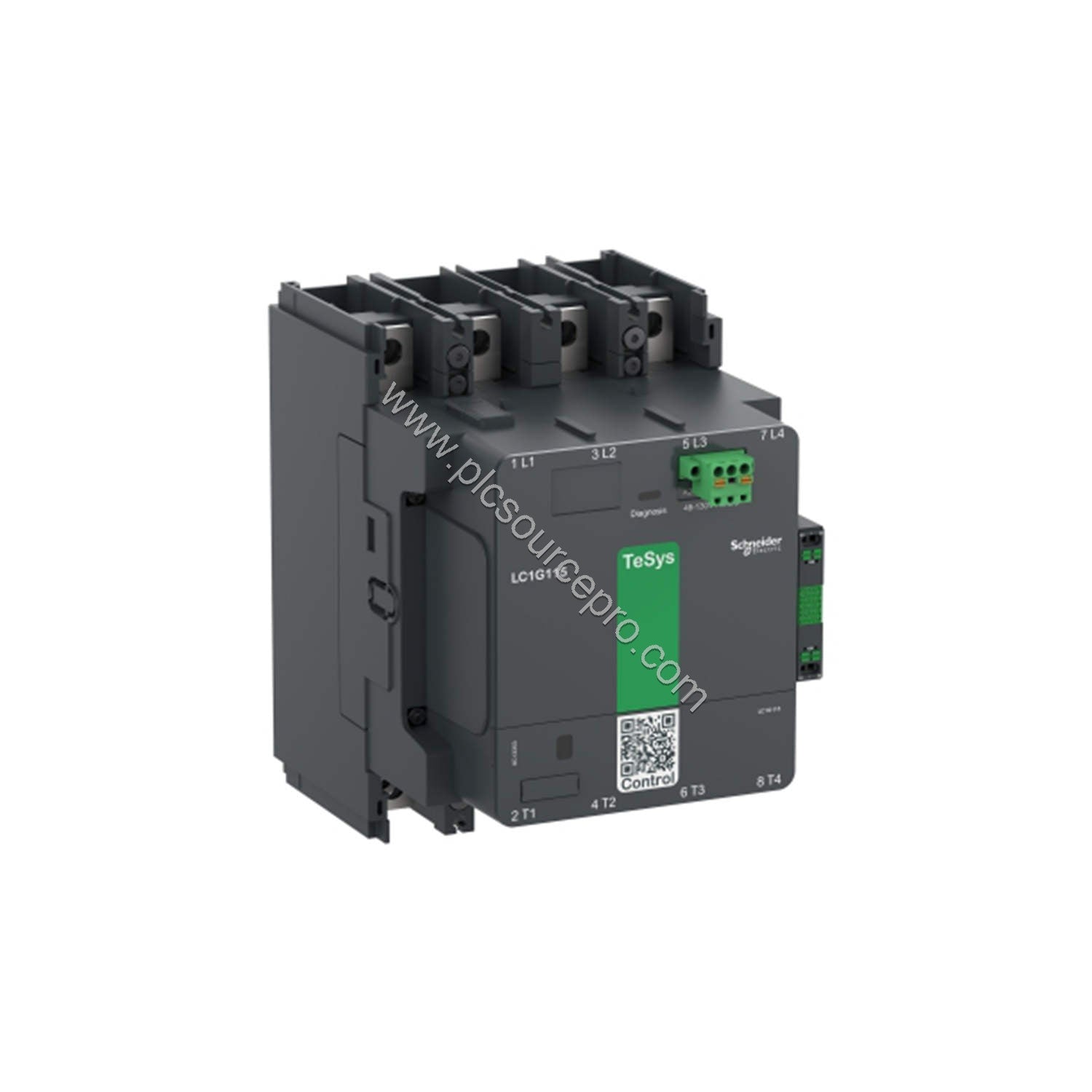 Figure 1: Front view of the Schneider LC1G1504KUEN industrial contactor showing its dark grey enclosure and power terminals.